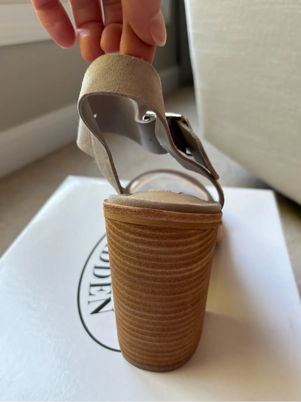 NIB- Steve Madden Grey Suede Block Heel Sandal with Gold Buckle